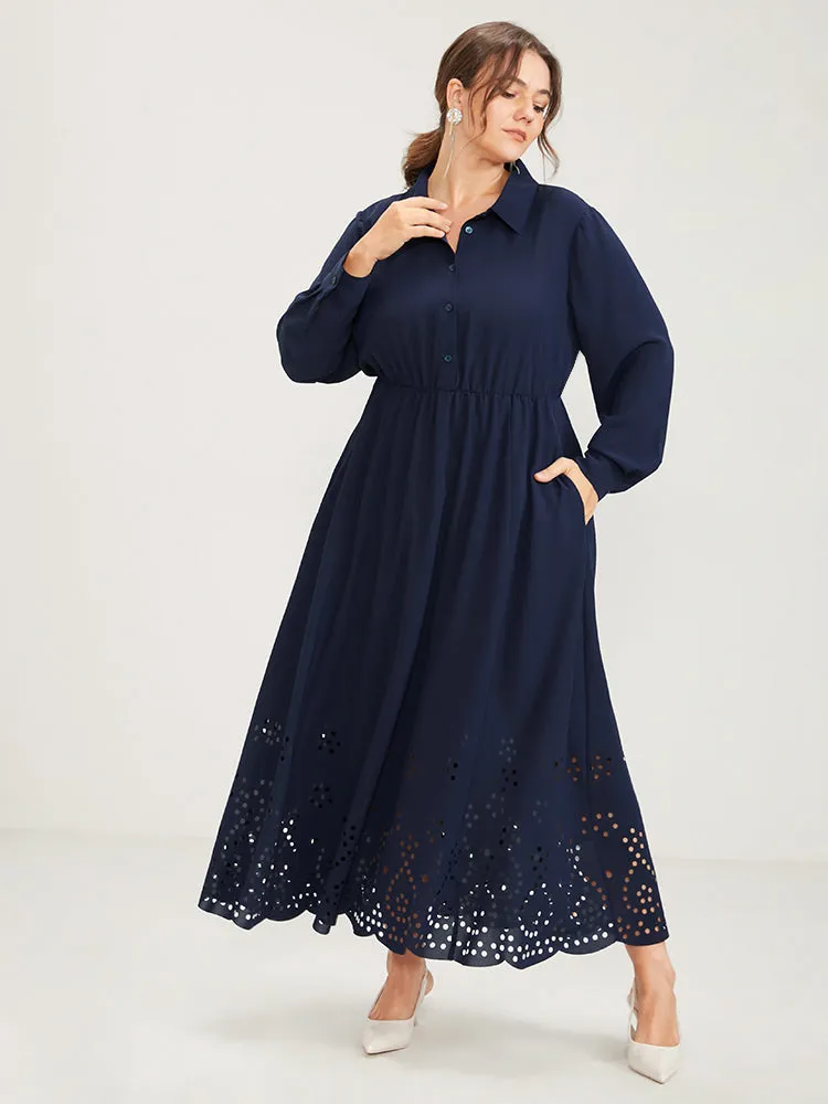 Solid Shirt Collar Pocket Button Up Laser Cut Flutter Dress sold by Bloomchic product image thumbnail 4