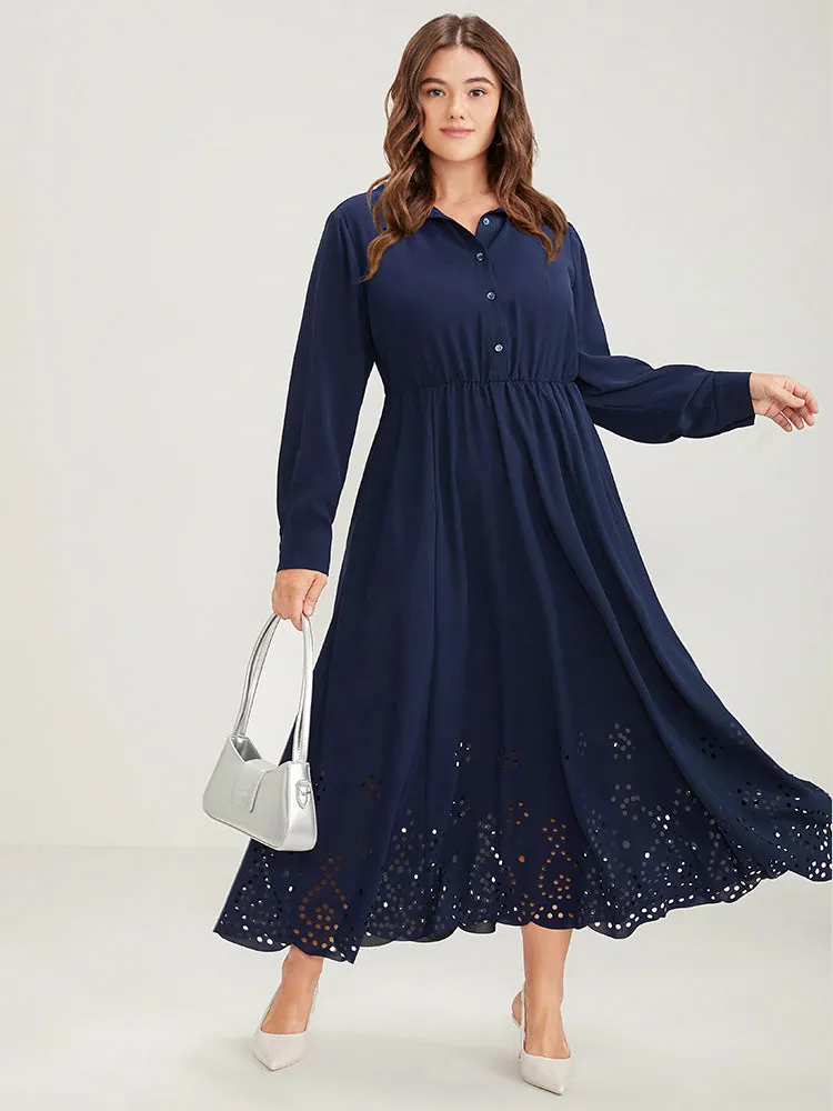 Solid Shirt Collar Pocket Button Up Laser Cut Flutter Dress sold by Bloomchic