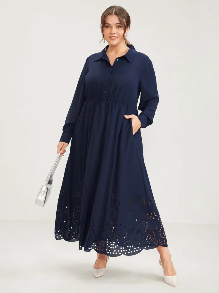 Solid Shirt Collar Pocket Button Up Laser Cut Flutter Dress sold by Bloomchic product image thumbnail 2