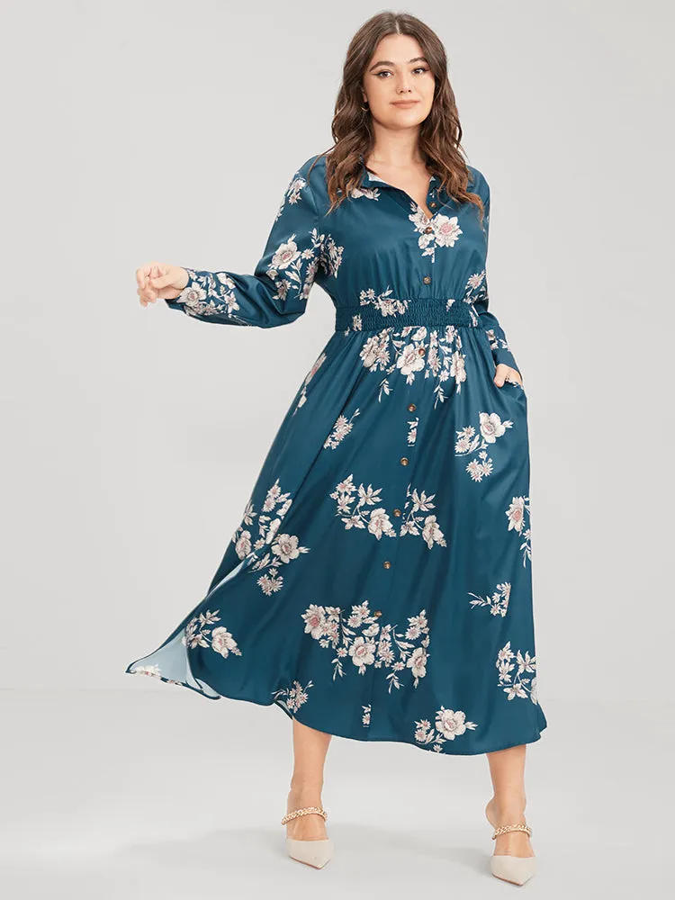 Floral Button Up Pocket Split Shirred Shirt Collar Dress sold by Bloomchic