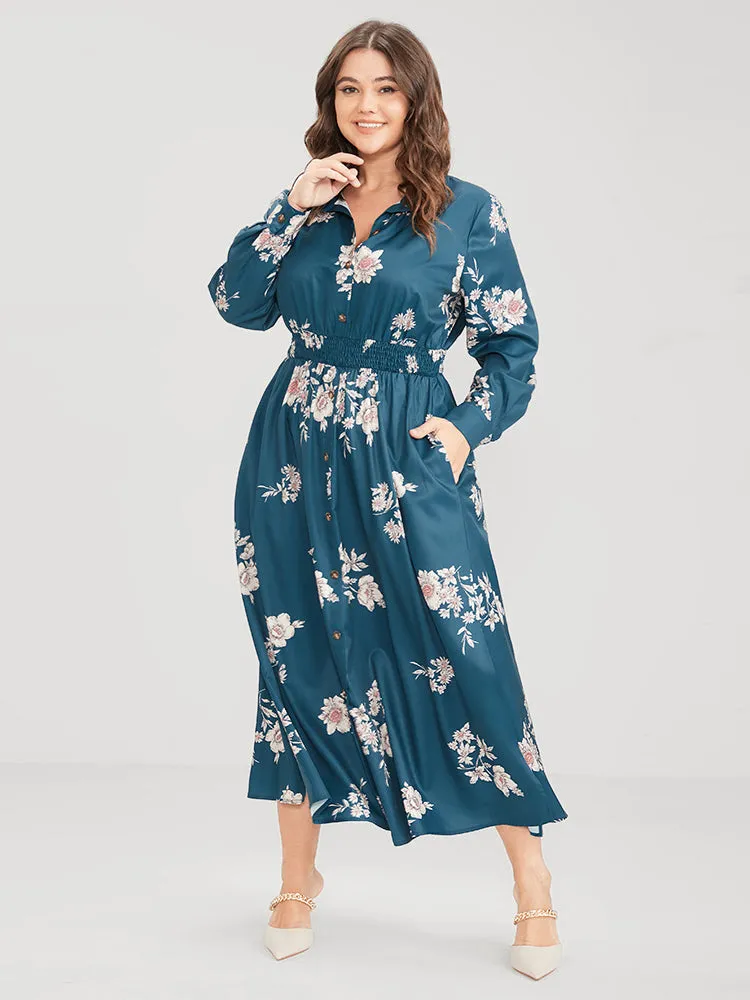 Floral Button Up Pocket Split Shirred Shirt Collar Dress sold by Bloomchic product image thumbnail 3