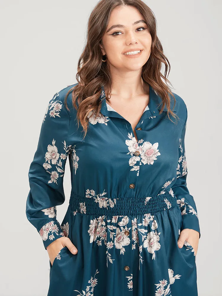Floral Button Up Pocket Split Shirred Shirt Collar Dress sold by Bloomchic product image thumbnail 5