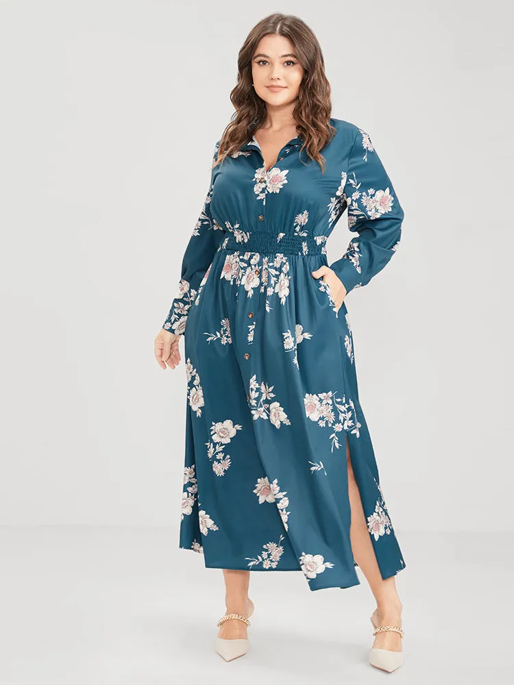 Floral Button Up Pocket Split Shirred Shirt Collar Dress sold by Bloomchic product image thumbnail 2