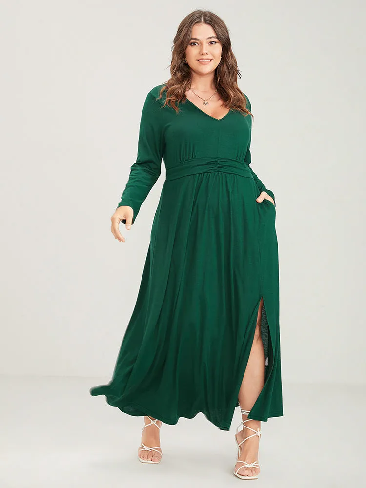 Solid Deep V Neck Gathered Pocket Split Maxi Dress sold by Bloomchic product image thumbnail 2