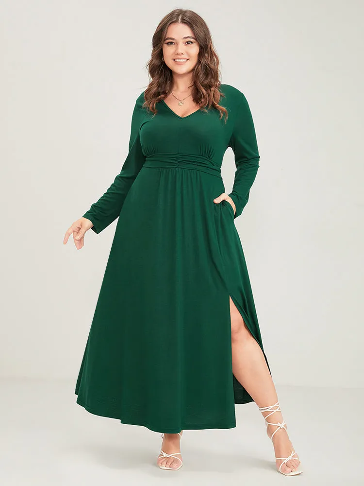 Solid Deep V Neck Gathered Pocket Split Maxi Dress sold by Bloomchic