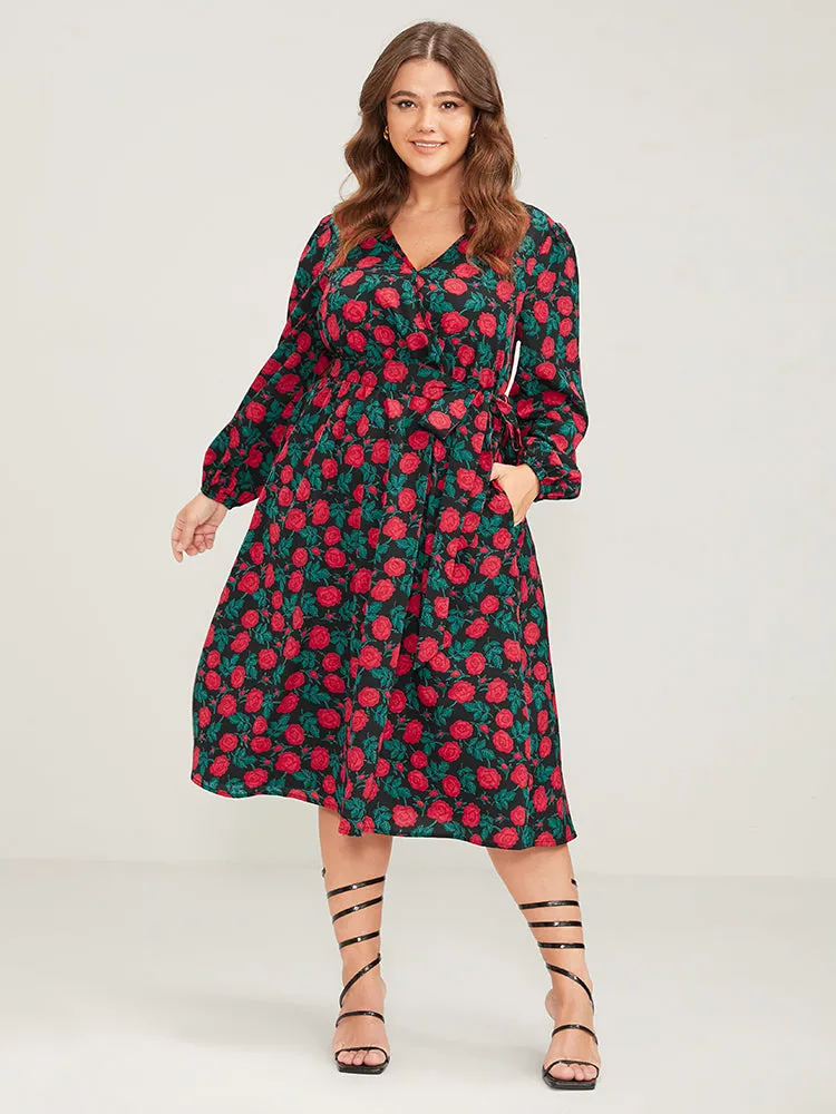 Floral Printed Wrap Pocket Lantern Sleeve Belted Dress sold by Bloomchic product image thumbnail 4