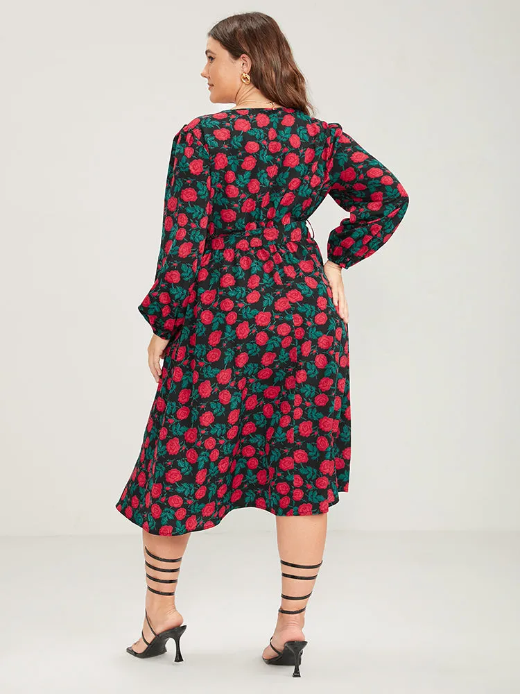 Floral Printed Wrap Pocket Lantern Sleeve Belted Dress sold by Bloomchic product image thumbnail 5