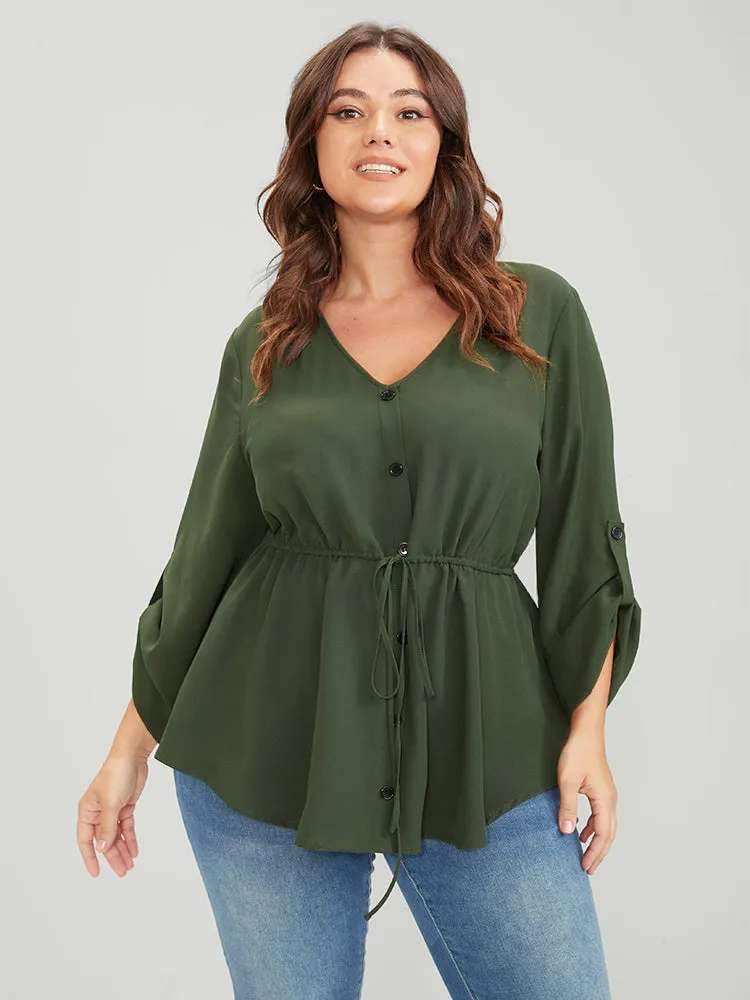 Solid Roll Sleeve Button Down Drawstring Blouse sold by Bloomchic product image thumbnail 3