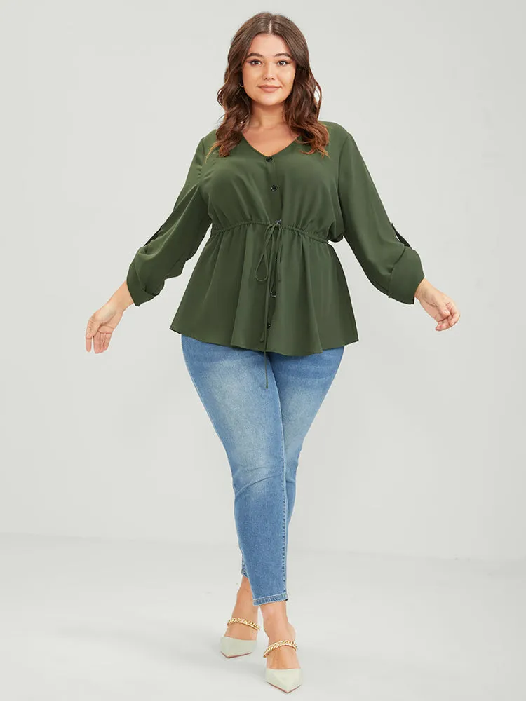 Solid Roll Sleeve Button Down Drawstring Blouse sold by Bloomchic product image thumbnail 2