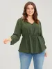Solid Roll Sleeve Button Down Drawstring Blouse sold by Bloomchic