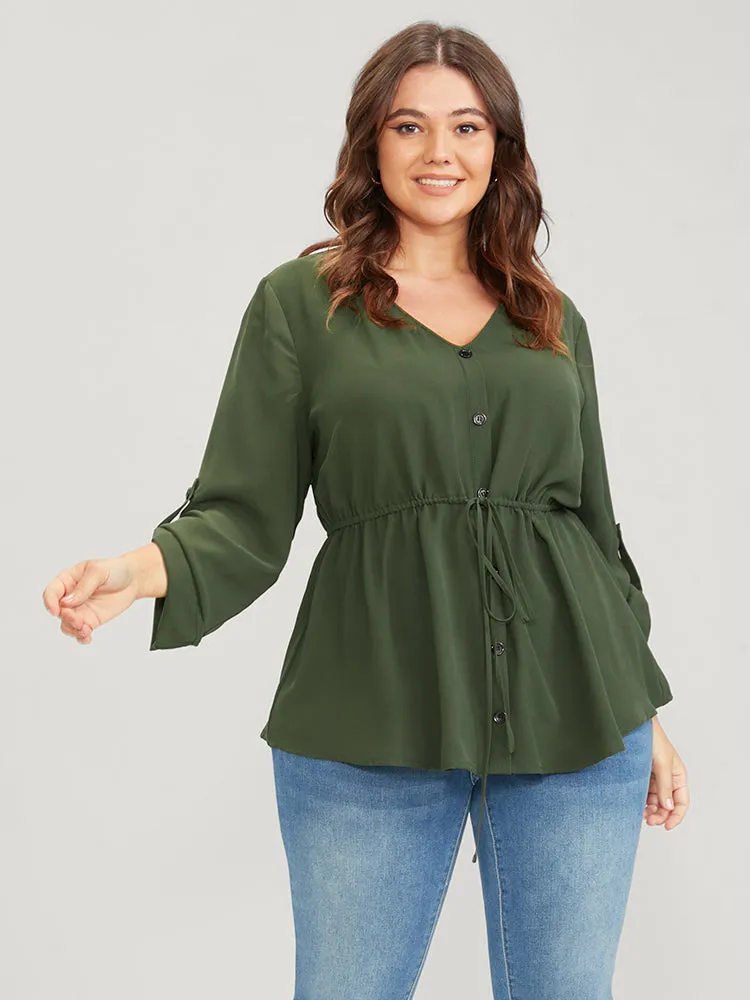 Solid Roll Sleeve Button Down Drawstring Blouse sold by Bloomchic product image thumbnail 4