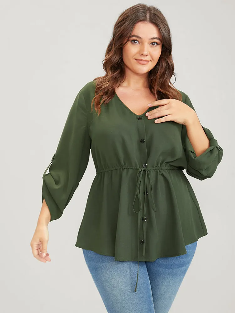 Solid Roll Sleeve Button Down Drawstring Blouse sold by Bloomchic