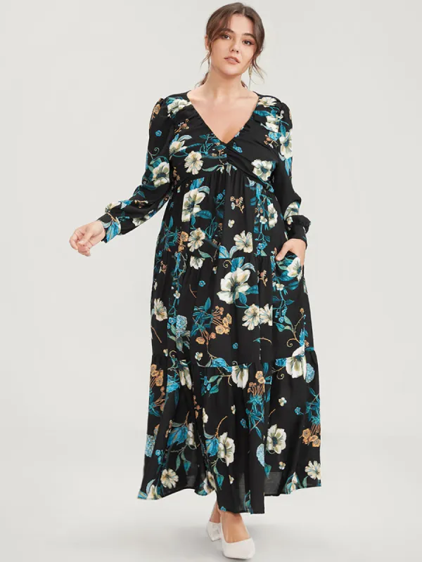 Floral Patchwork Pocket Gathered Flutter Maxi Dress sold by Bloomchic