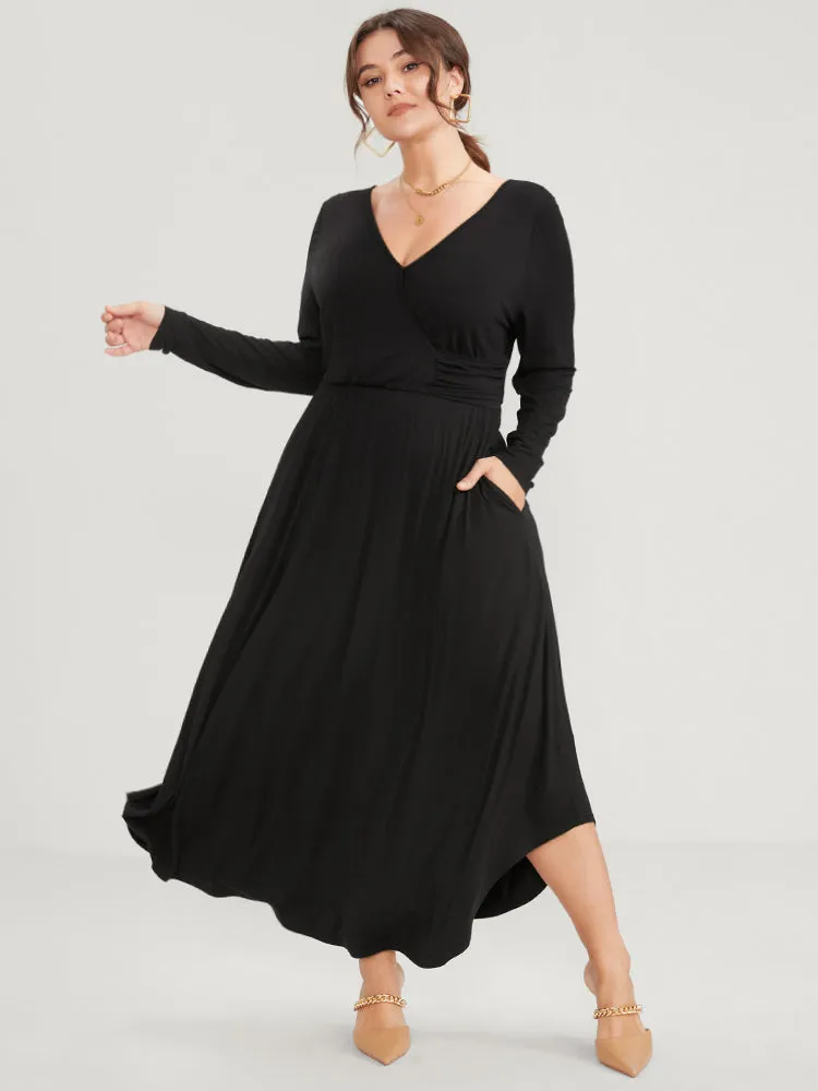 Solid Pocket Button Elastic Waist Wrap Arc Hem Dress sold by Bloomchic product image thumbnail 2