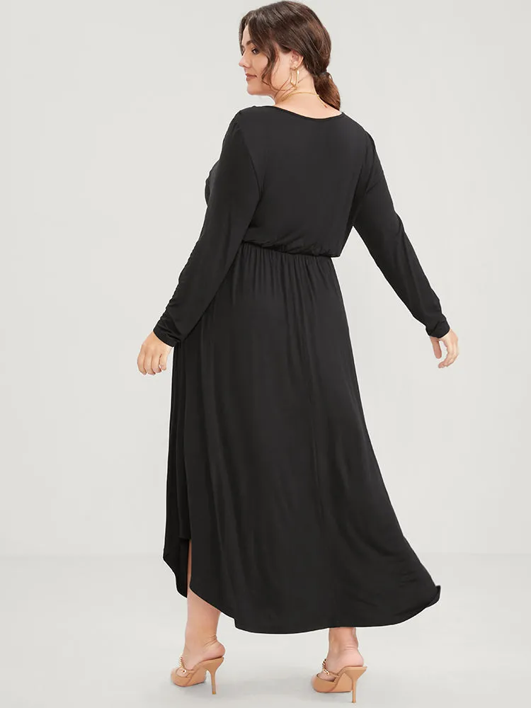 Solid Pocket Button Elastic Waist Wrap Arc Hem Dress sold by Bloomchic product image thumbnail 3