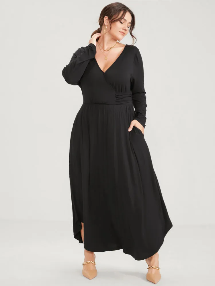 Solid Pocket Button Elastic Waist Wrap Arc Hem Dress sold by Bloomchic product image thumbnail 4