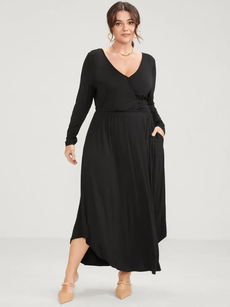 Solid Pocket Button Elastic Waist Wrap Arc Hem Dress sold by Bloomchic product image thumbnail 5