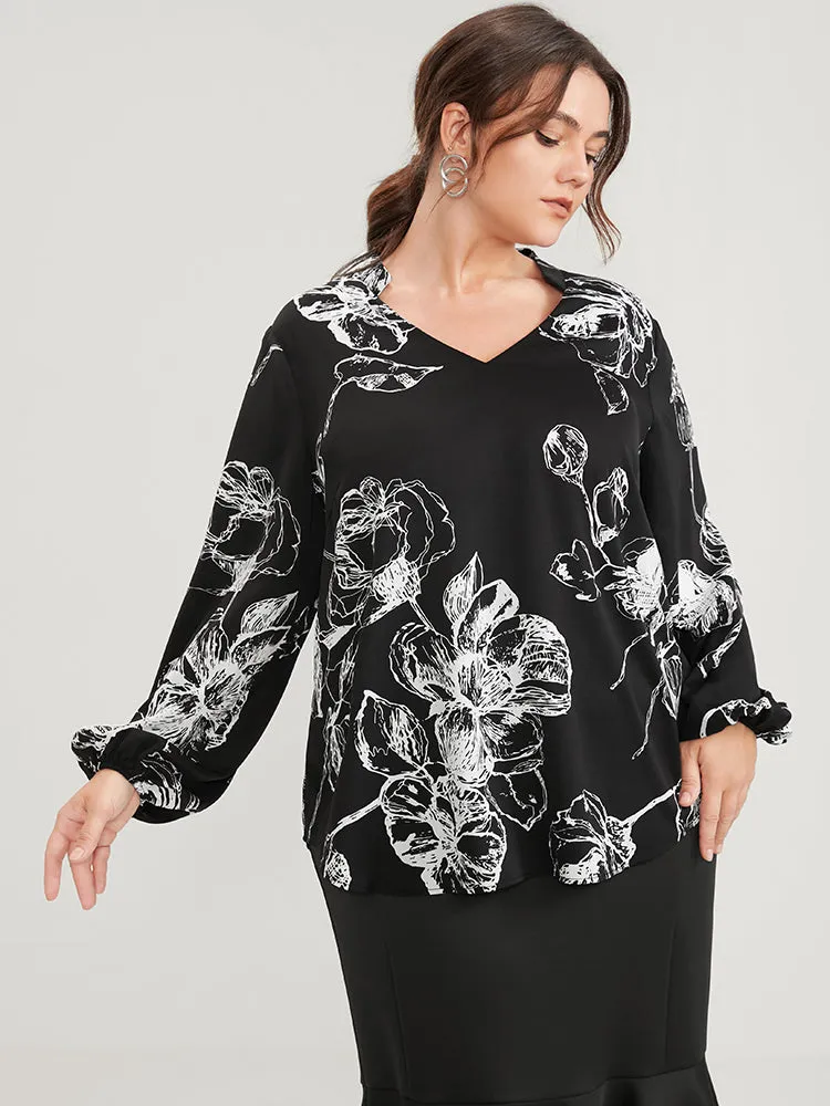 Floral Printed Lantern Sleeve V Neck Blouse sold by Bloomchic product image thumbnail 3