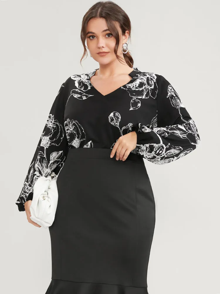 Floral Printed Lantern Sleeve V Neck Blouse sold by Bloomchic