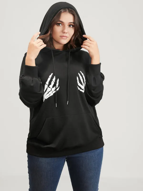 Halloween Skeleton Hand Print Pocket Drawstring Hooded Sweatshirt sold by Bloomchic