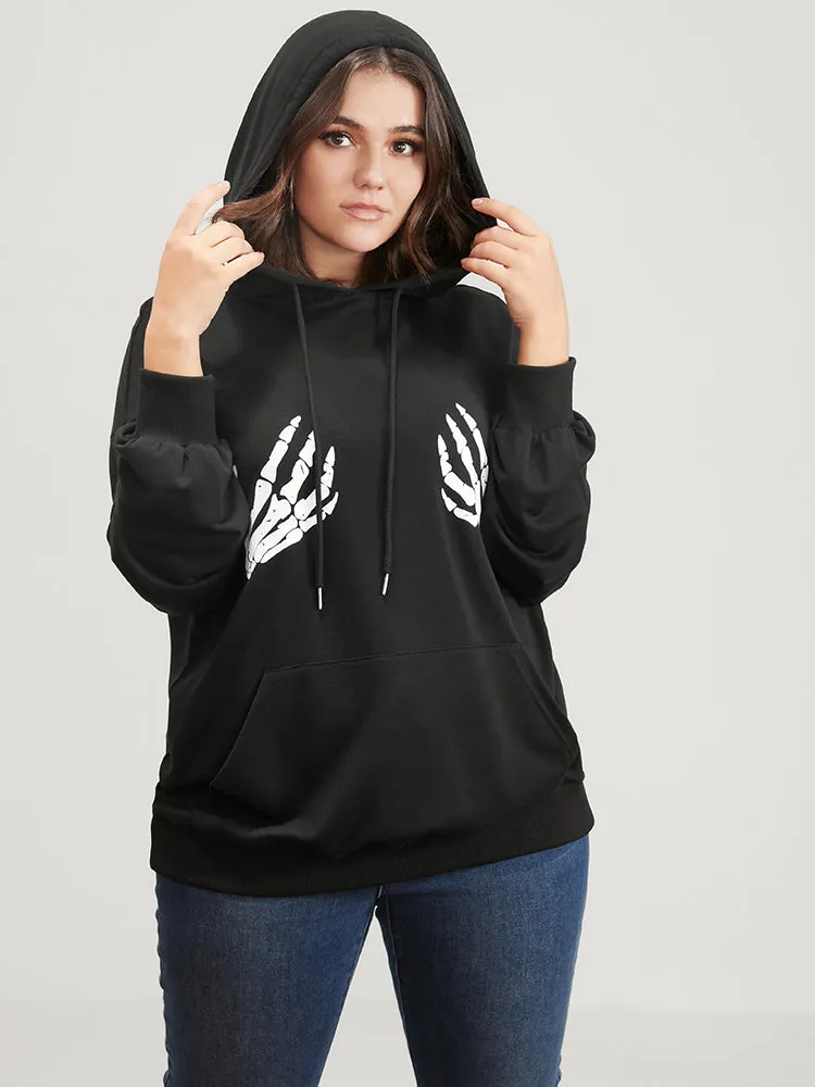 Halloween Skeleton Hand Print Pocket Drawstring Hooded Sweatshirt sold by Bloomchic