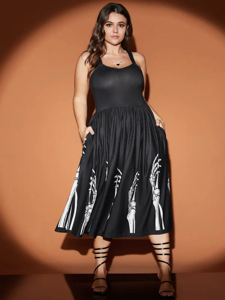 Halloween Skeleton Print Pocket Flutter Hem Cami Dress sold by Bloomchic product image thumbnail 3