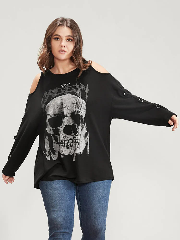 Halloween Skull Print Cold Shoulder Sweatshirt sold by Bloomchic product image thumbnail 4