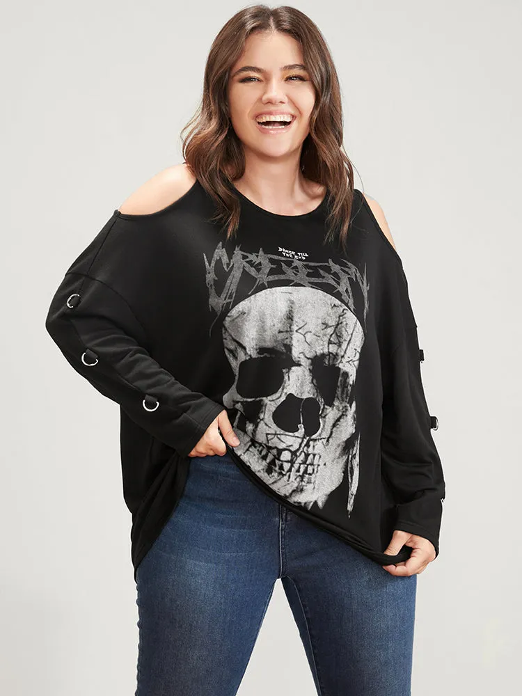 Halloween Skull Print Cold Shoulder Sweatshirt sold by Bloomchic product image thumbnail 3