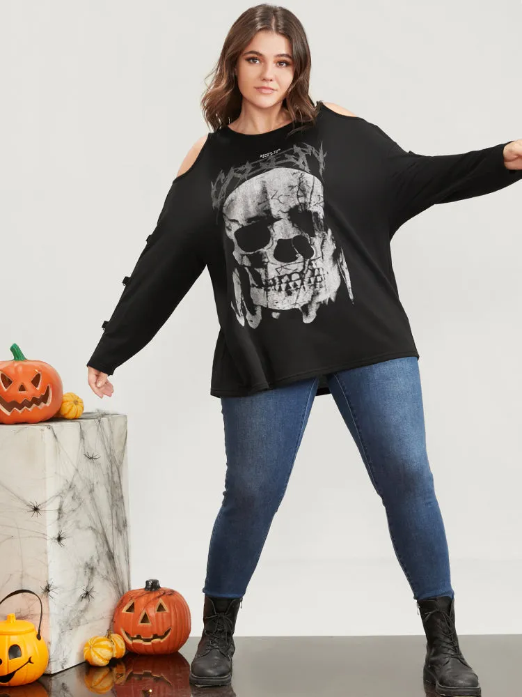 Halloween Skull Print Cold Shoulder Sweatshirt sold by Bloomchic product image thumbnail 2
