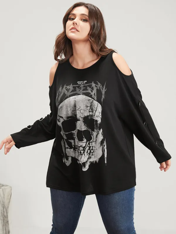 Halloween Skull Print Cold Shoulder Sweatshirt sold by Bloomchic