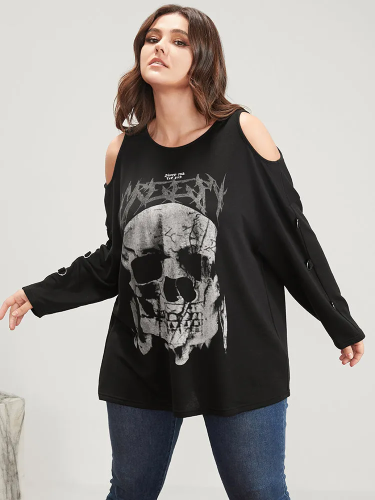 Halloween Skull Print Cold Shoulder Sweatshirt sold by Bloomchic