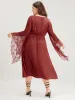 Halloween Solid Lace Bell Sleeve Asymmetrical Button Front Dress sold by Bloomchic