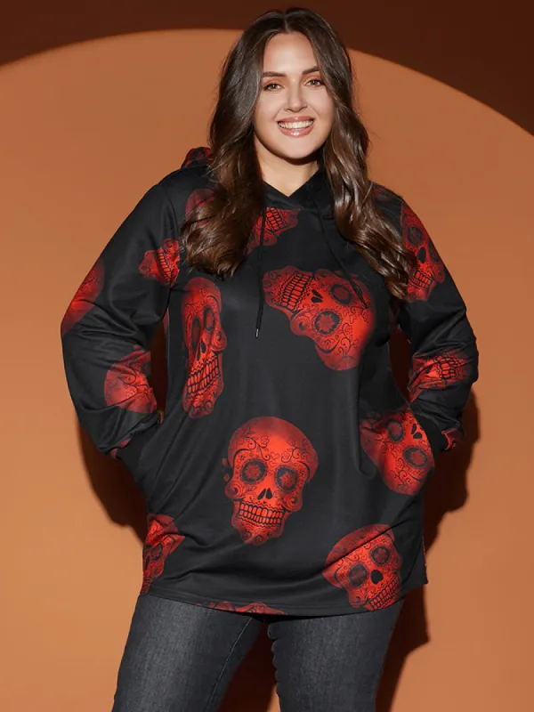 Halloween Skull Print Pocket Drawstring Hooded Sweatshirt sold by Bloomchic