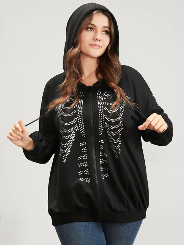 Halloween Skeleton Print Zip Up Drawstring Hooded Sweatshirt sold by Bloomchic