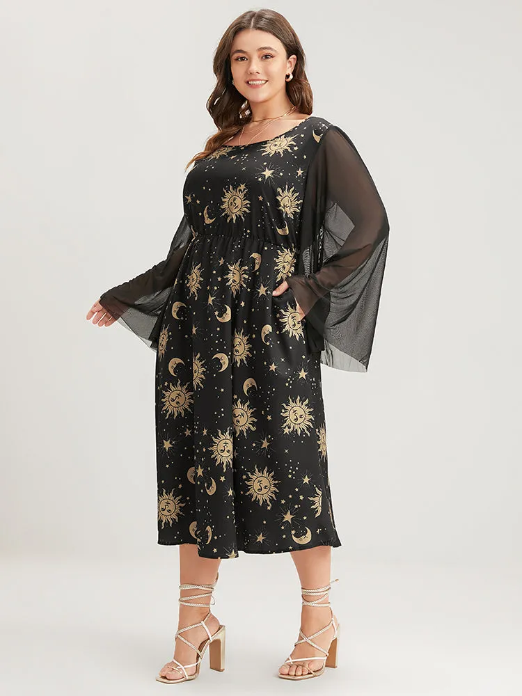Halloween Moon And Star Bell Sleeve Pocket Crew Neck Midi Dress sold by Bloomchic product image thumbnail 4