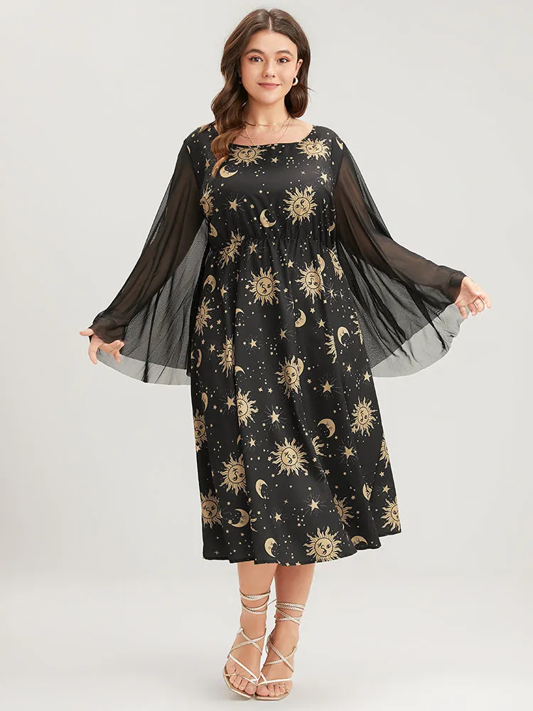 Halloween Moon And Star Bell Sleeve Pocket Crew Neck Midi Dress sold by Bloomchic