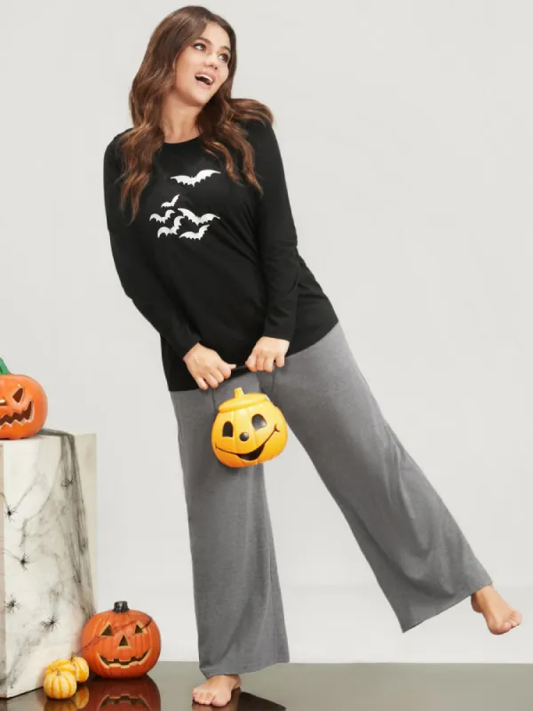 Halloween Bat Print Round Neck Pajama Set sold by Bloomchic