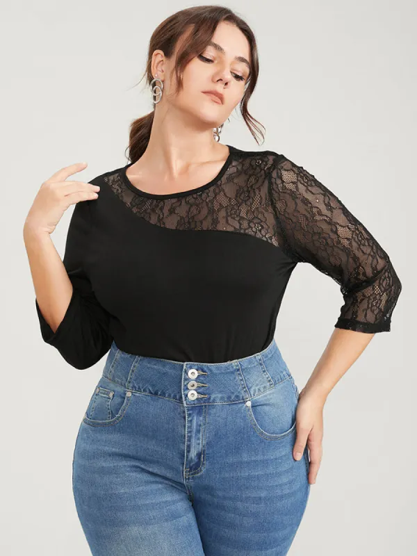 Solid Asymmetrical Lace Patchwork Round Neck T-shirt sold by Bloomchic