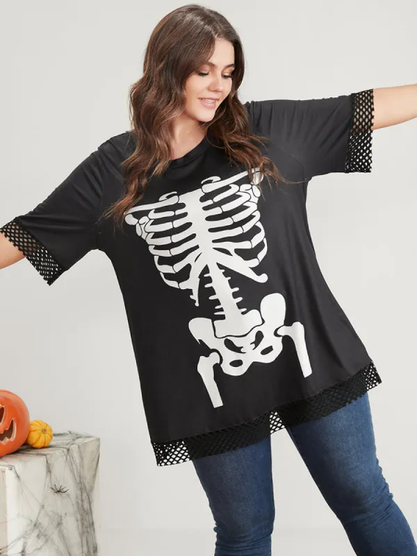Halloween Skeleton Print Fishnet Patch T-shirt sold by Bloomchic