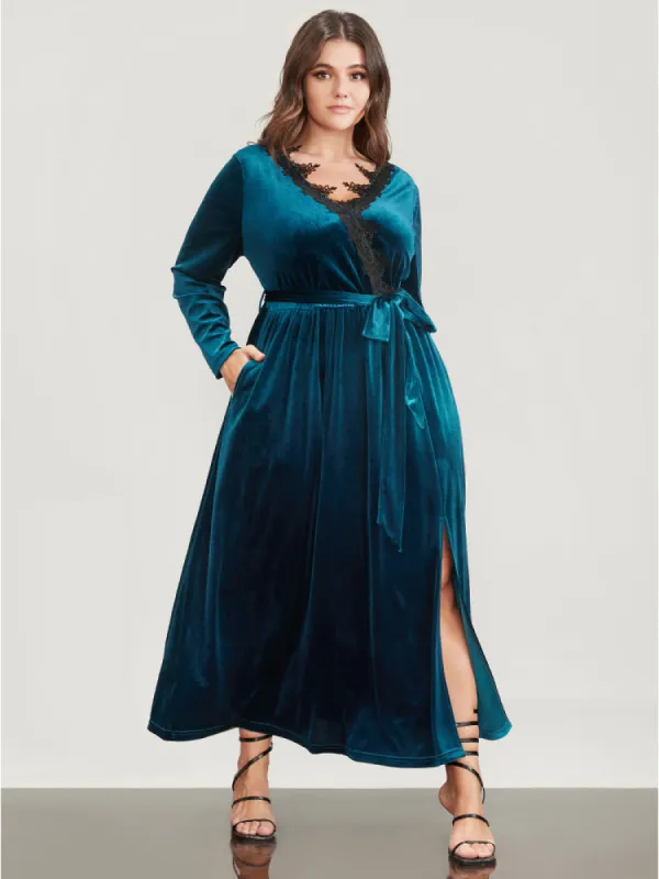 Halloween Solid Wrap Lace Trim Pocket Belted Split Maxi Dress sold by Bloomchic