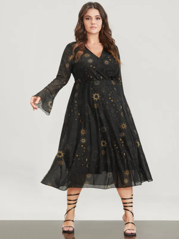 Halloween Moon And Star Bell Sleeve Surplice Neck Midi Dress sold by Bloomchic