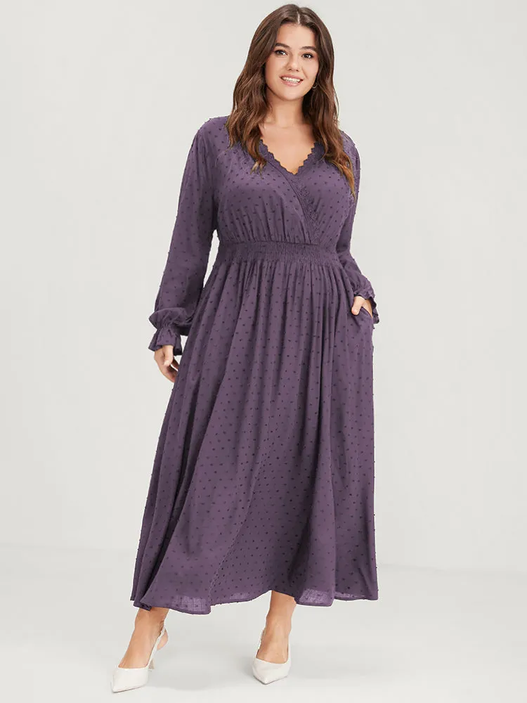 Polka Dot Pocket Lantern Sleeve Lace Trim Shirred Dress sold by Bloomchic
