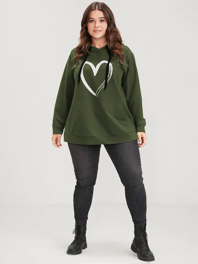 Heart Print Drop Shoulder Pocket Drawstring Hooded Sweatshirt sold by Bloomchic product image thumbnail 2