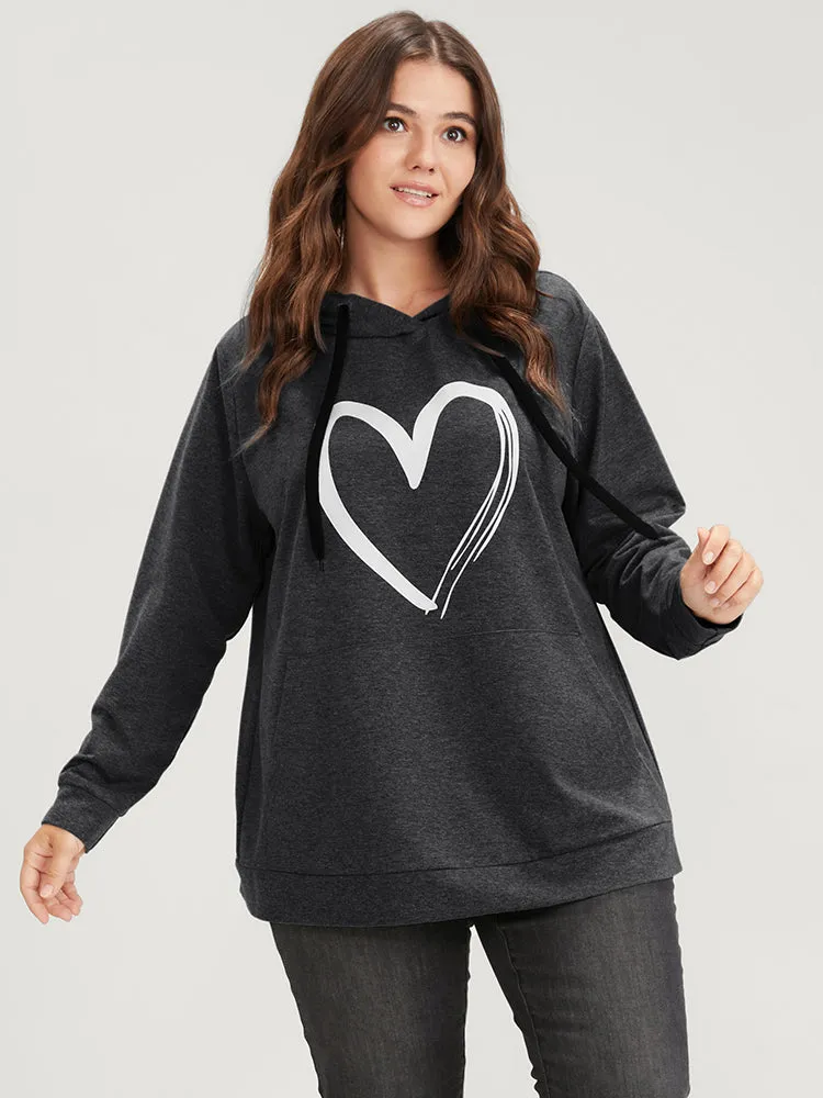 Heart Print Drop Shoulder Pocket Drawstring Hooded Sweatshirt sold by Bloomchic product image thumbnail 5