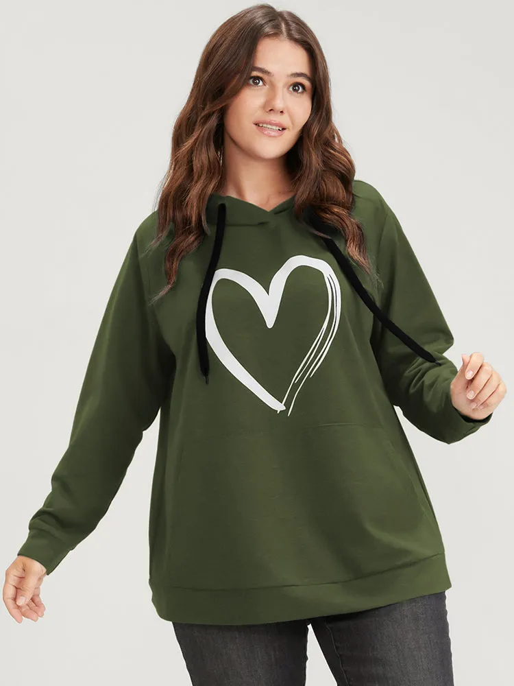 Heart Print Drop Shoulder Pocket Drawstring Hooded Sweatshirt sold by Bloomchic