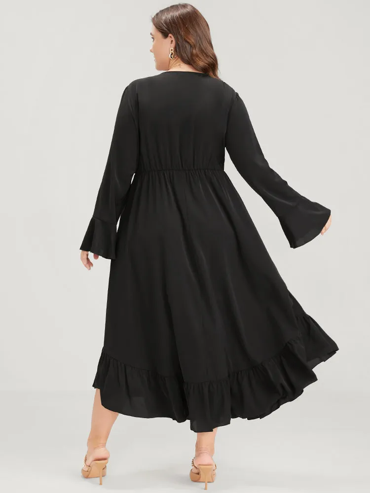 Solid Bell Sleeve Pocket Knotted Neck Arc Hem Dress sold by Bloomchic product image thumbnail 2