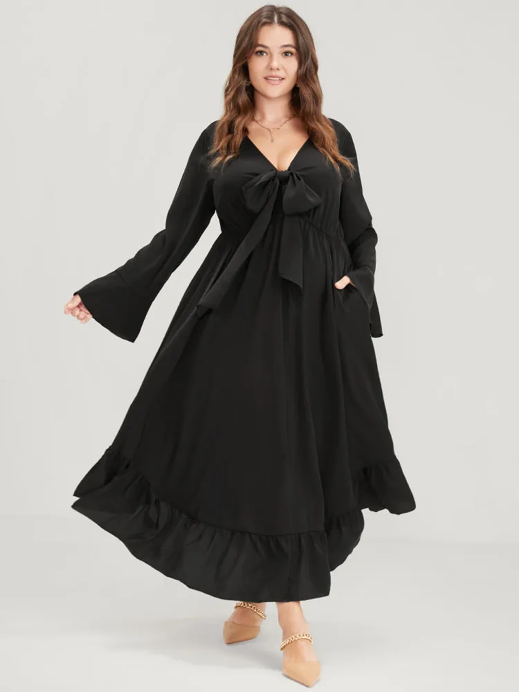 Solid Bell Sleeve Pocket Knotted Neck Arc Hem Dress sold by Bloomchic product image thumbnail 3