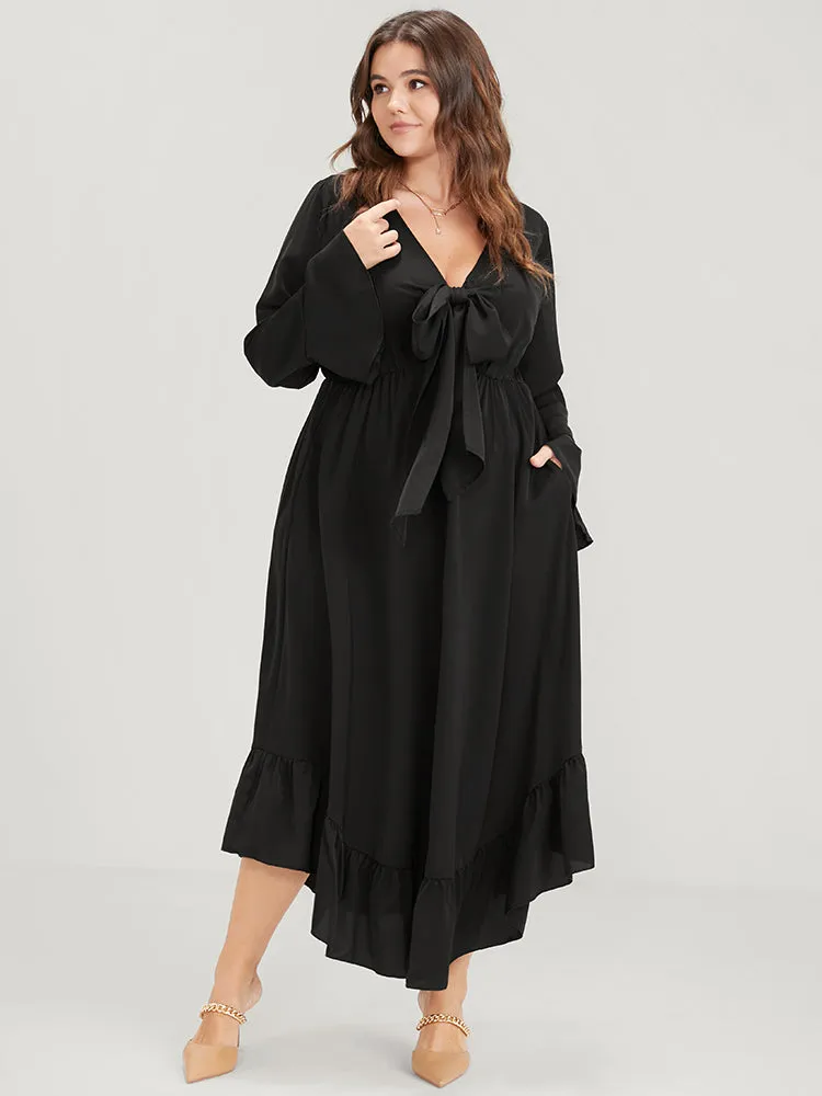 Solid Bell Sleeve Pocket Knotted Neck Arc Hem Dress sold by Bloomchic product image thumbnail 4