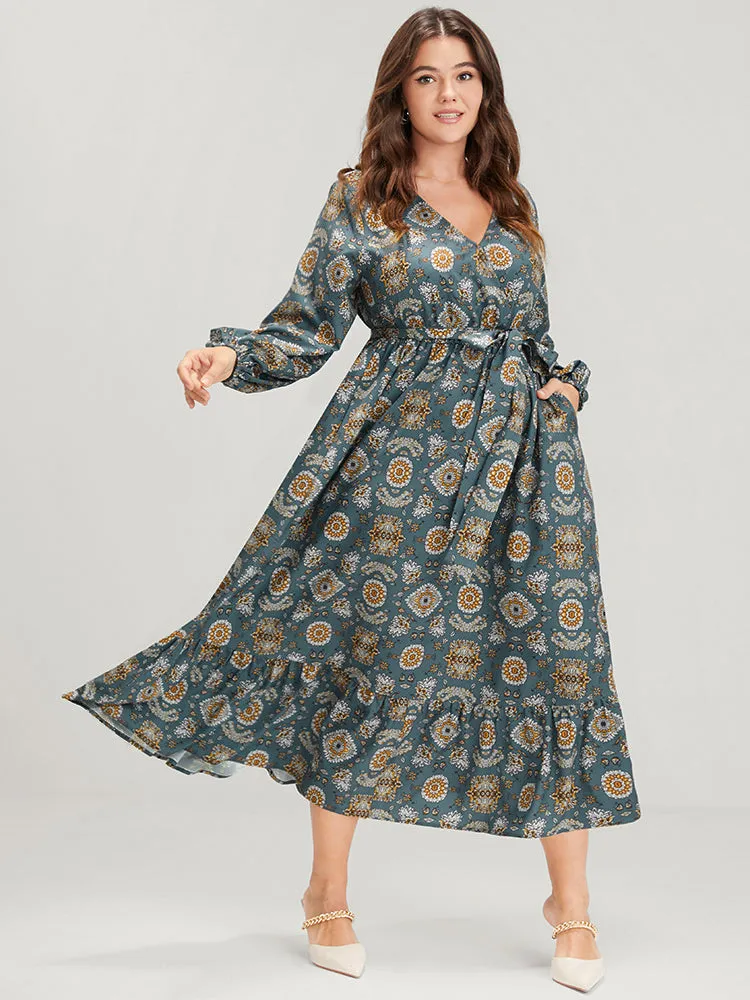 Bandana Lantern Sleeve Pocket Knotted Front Wrap Midi Dress sold by Bloomchic