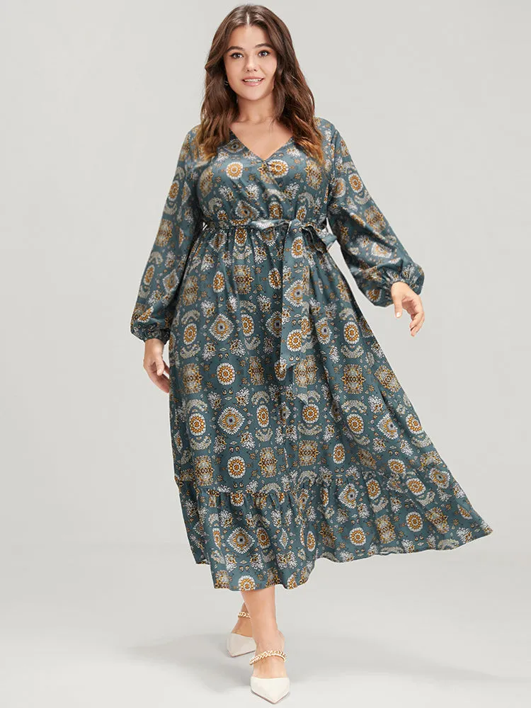 Bandana Lantern Sleeve Pocket Knotted Front Wrap Midi Dress sold by Bloomchic product image thumbnail 4